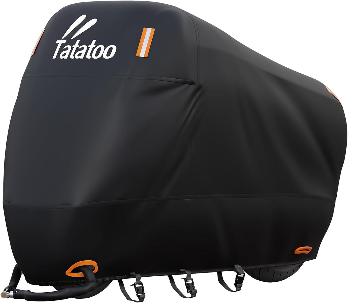 Funda impermeable para motocicleta TATATOO, resistente al agua, 300D, resistente a los rayos UV y a la lluvia, cortavientos con 3 hebillas, se adapta a la mayoría de motocicletas, cruisers, deportivas, motos de cross y scooters de hasta 96,5" (tamaño XXL)