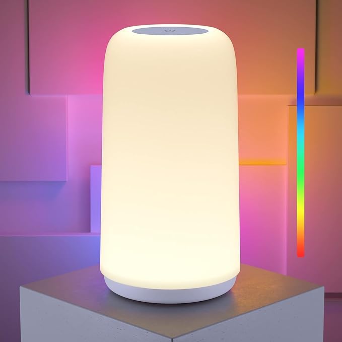 Lámpara táctil de mesita de noche, [diseño elegante y modo RGB] Lámpara pequeña regulable de 3 vías para dormitorio, lámpara LED con luces blancas cálidas