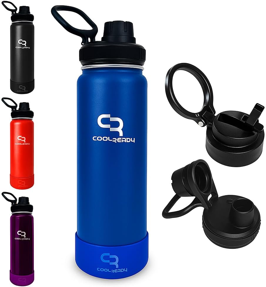 Botella de agua CoolReady azul de 710 ml con aislamiento térmico, tapas con pajita y boquilla. Termo delgado de acero inoxidable, diseño compatible con portavasos, doble pared para mantener el agua fría durante 24 horas y caliente durante 12 horas