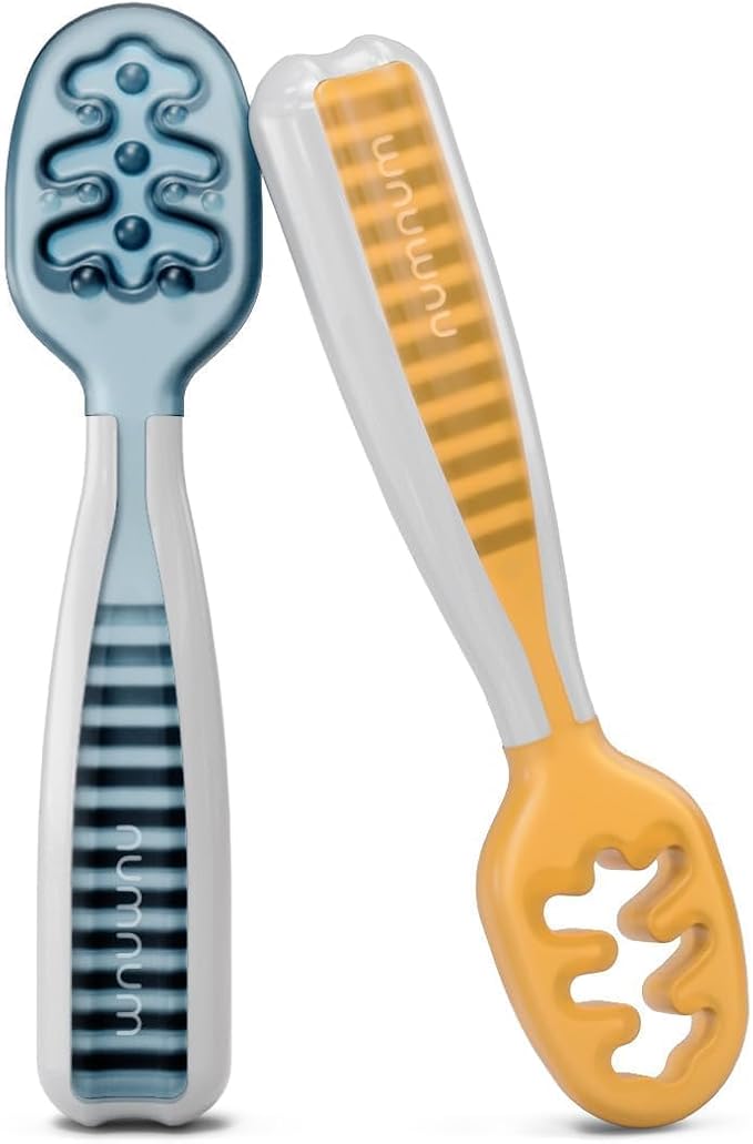 NumNum Juego de cucharas para bebé, utensilios esenciales Pre-Spoon GOOtensils para 6+ meses, cucharas de autoalimentación de primera etapa para destete guiado por el bebé (BLW)