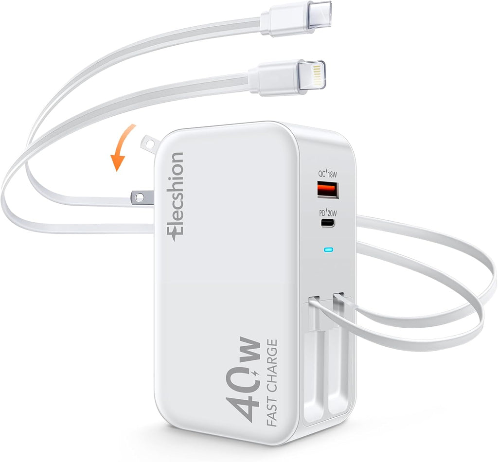 Retractable Wall Charger, 4-Port 40W USB C Charger Block with 2.95FT Lightning/Type-C Cable + Dual Port PD/QC Fast Charging Power Brick Foldable Travel Adapter for iPhone 16/15,Samsung,LG,iPad