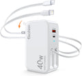 Retractable Wall Charger, 4-Port 40W USB C Charger Block with 2.95FT Lightning/Type-C Cable + Dual Port PD/QC Fast Charging Power Brick Foldable Travel Adapter for iPhone 16/15,Samsung,LG,iPad