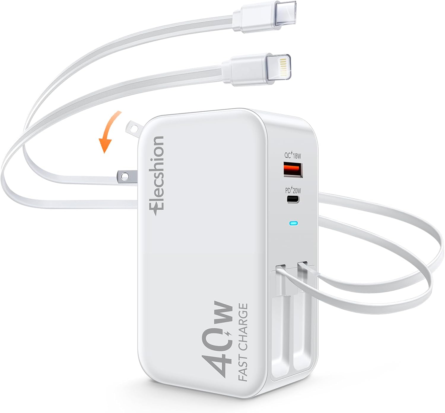 Retractable Wall Charger, 4-Port 40W USB C Charger Block with 2.95FT Lightning/Type-C Cable + Dual Port PD/QC Fast Charging Power Brick Foldable Travel Adapter for iPhone 16/15,Samsung,LG,iPad
