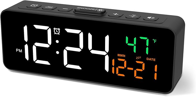 Netzu Relojes digitales 3 en 1 para sala de estar con pantalla de temperatura, fecha y hora - 4 niveles de brillo, 3 volúmenes, reloj despertador pequeño y compacto enchufable para dormitorio, oficina