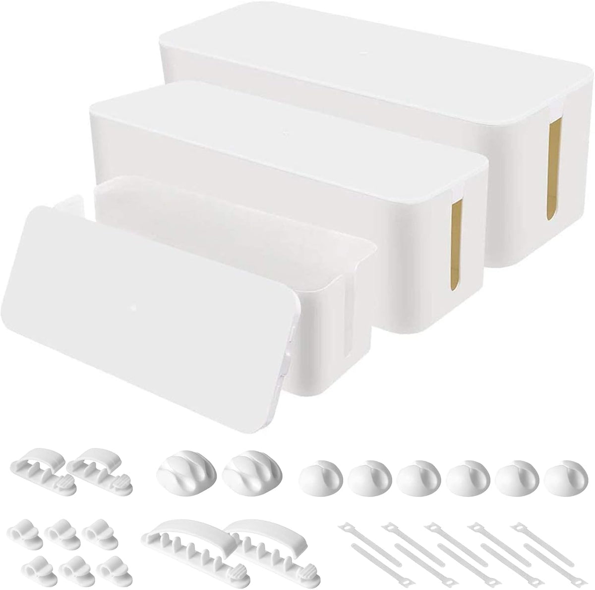 Juego de tres cajas organizadoras de cables, con cubierta para cables y protector contra sobretensiones para escritorio (blanco).