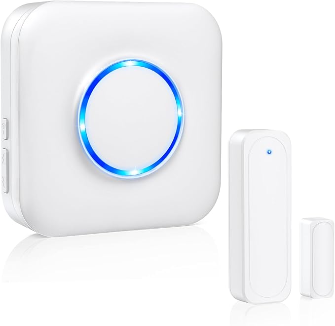 Satisure - Timbre de puerta inalámbrica con sensor de contacto abierto, alarma de alerta para negocios/tienda/hogar/dormitorio al entrar con rango de 600 pies, 58 campanillas, 5 niveles de volumen, indicadores LED