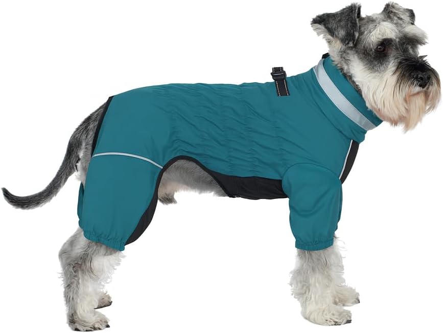 Winter Waterproof Dog Snowsuit – Full Body Outdoor Jacket with Leash Ring, Fleece Lining, Windproof Reflective 4-Leg Dog Coat for Small to Large Dogs Teal Blue L