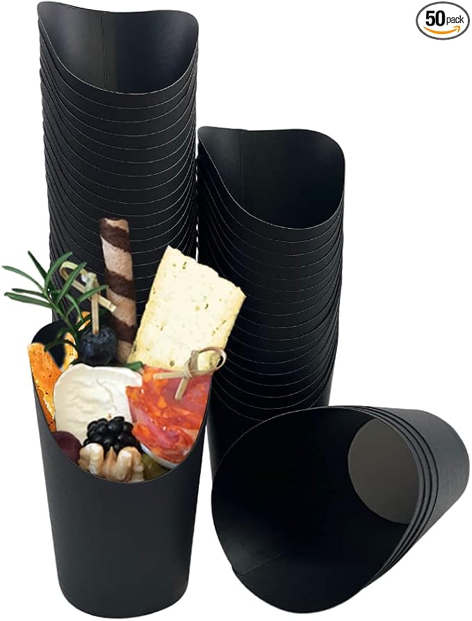 Kingzhuo 50 unidades de soporte para papas fritas de 14 onzas, tazas de papel para llevar, conos desechables, cajas de palomitas de maíz, bandejas de comida para boda, conos de papel (negro)