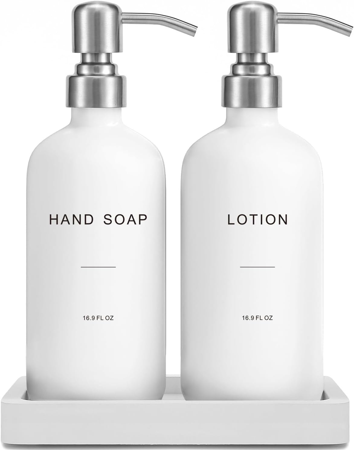 Set Dispensador de Jabon Blanco Prus Waso para Bano | Dispensador de Jabon y Locion con Bomba | Esenciales para Casa Nueva | Plateado y Blanco