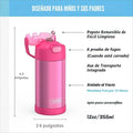 THERMOS FUNTAINER - Botella de agua con sorbete - 12 onzas - Botella de agua de acero inoxidable con aislamiento al vacío para niños con tapa, rosa