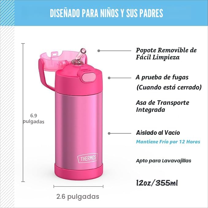 THERMOS FUNTAINER - Botella de agua con sorbete - 12 onzas - Botella de agua de acero inoxidable con aislamiento al vacío para niños con tapa, rosa