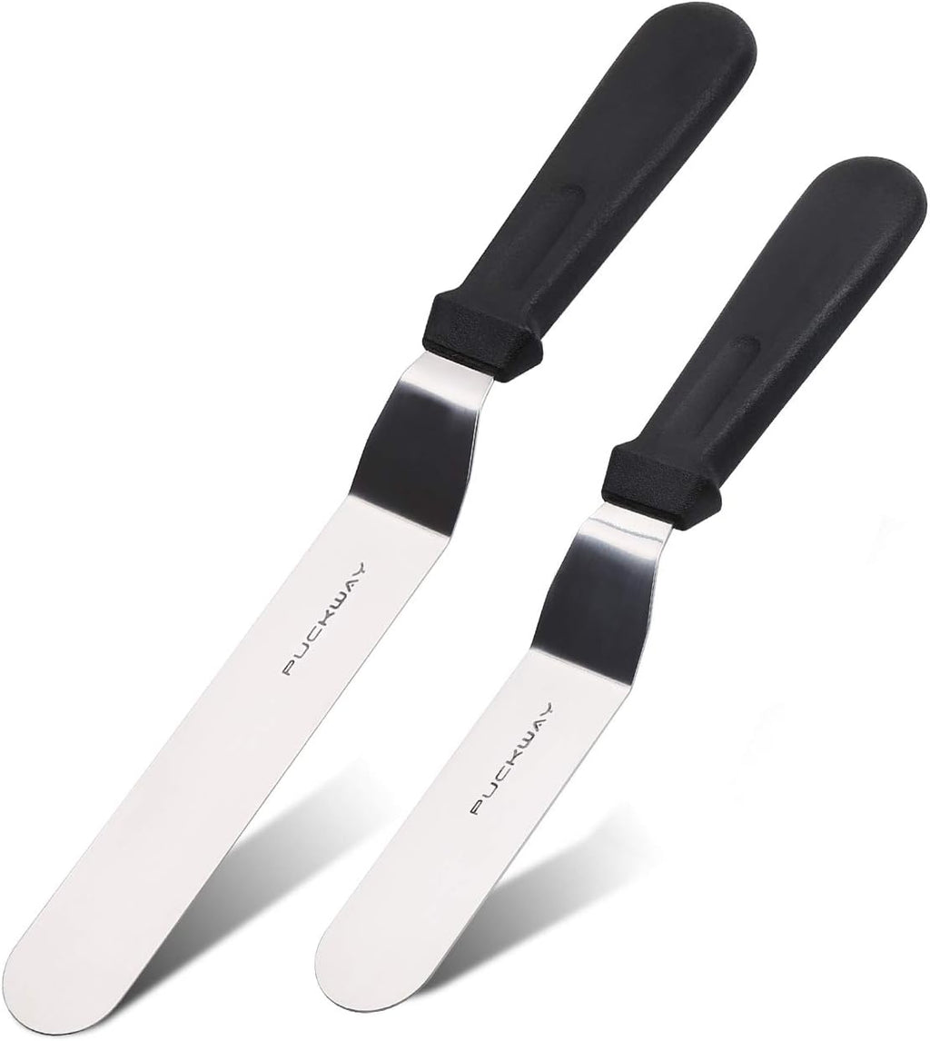 Espátulas Anguladas para Decorar Pasteles PUCKWAY — Set de 2, Acero Inoxidable, Negras, Hojas de 15 y 20 cm