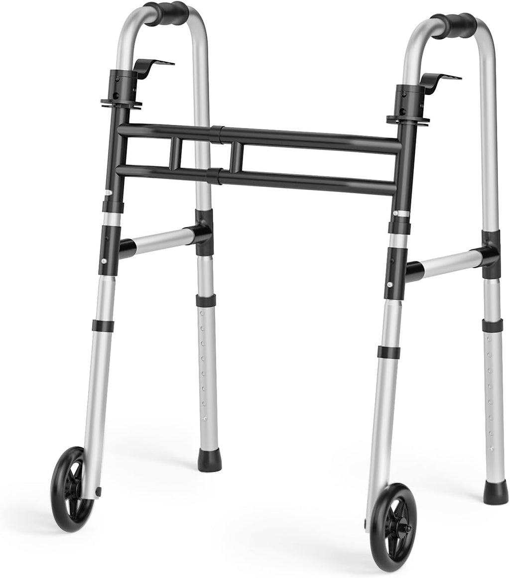 Andadores plegables Loyoda para personas mayores: andador médico bariátrico ligero con rueda delantera de 5 pulgadas, andador estándar de aluminio con altura y anchura ajustables para discapacitados.