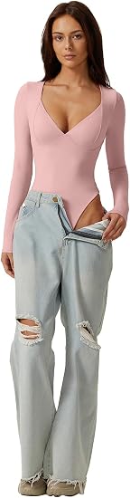 Body Manga Larga Escote en V Rosa Palo — Talla S