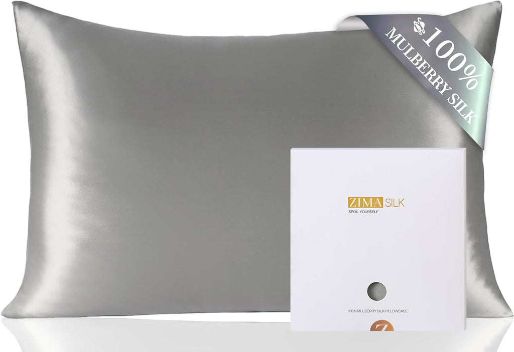 Funda de almohada ZIMASILK 100% seda pura de morera para la salud del cabello y la piel, suave y lisa, seda de grado premium 6A en ambos lados, 600 hilos, con cremallera oculta, 1 unidad (Queen 20''x30'', gris)