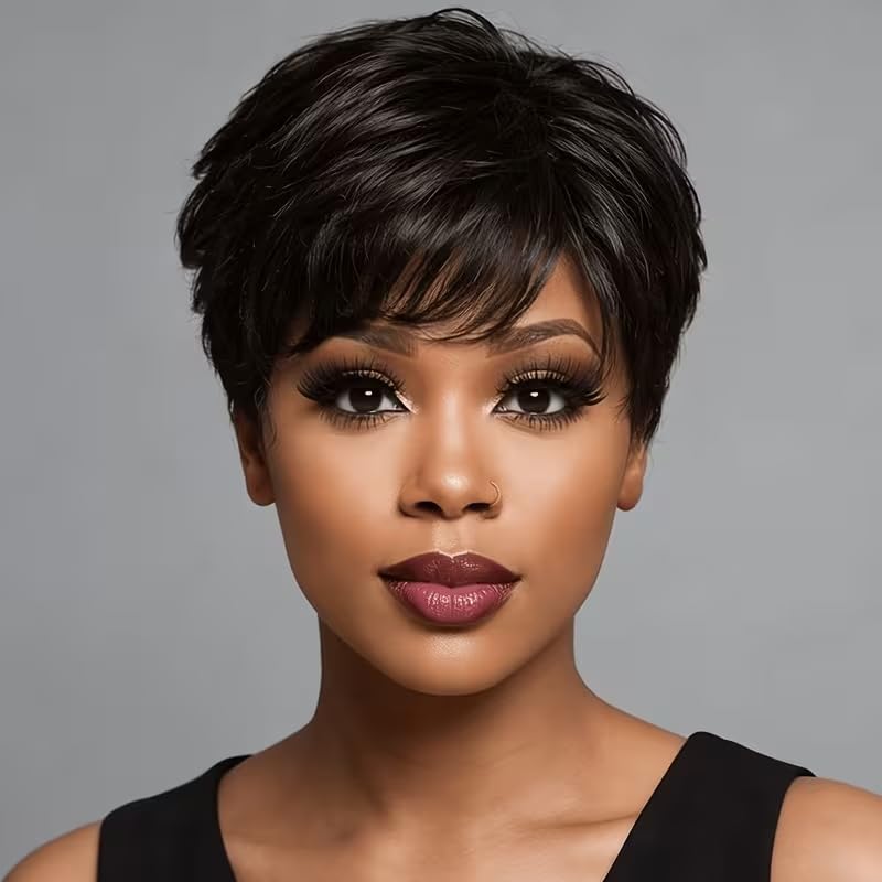 Peluca corta estilo pixie de SisBroSis, pelucas sin pegamento de cabello humano para mujeres negras, raya lateral, color negro natural, peluca de cabello humano liso estilo pixie con flequillo, pelucas cortas en capas estilo pixie