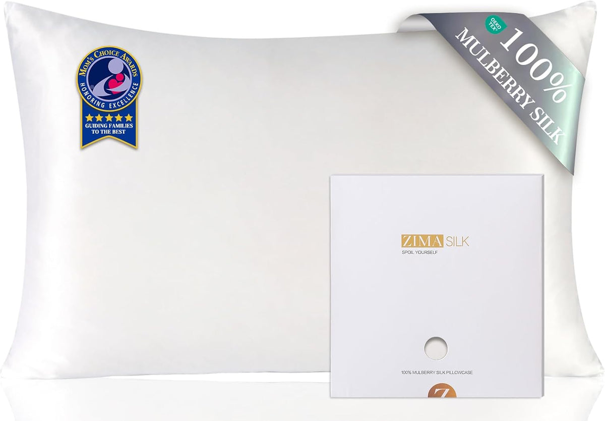 Funda de Almohada de Seda ZIMASILK 100% Morera Grado 6A | 600 Hilos con Cierre Oculto | Cuidado de Cabello y Piel | Estandar Blanco