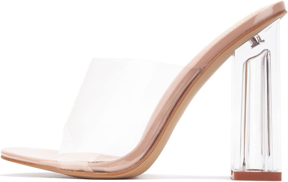 Cape Robbin Fusion Clear Chunky Block High Heels for Women, Transparent Booties for Women - Nude Size 8.5