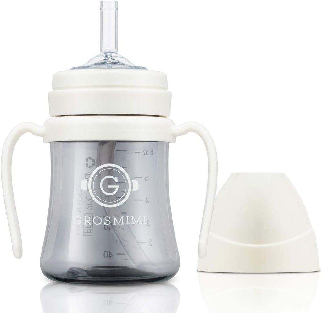 Vaso Antiderrame GROSMIMI con Pajilla y Asa | Vaso Magico para Bebes y Ninos Pequenos | PPSU Libre de BPA | 6 oz | Blanco