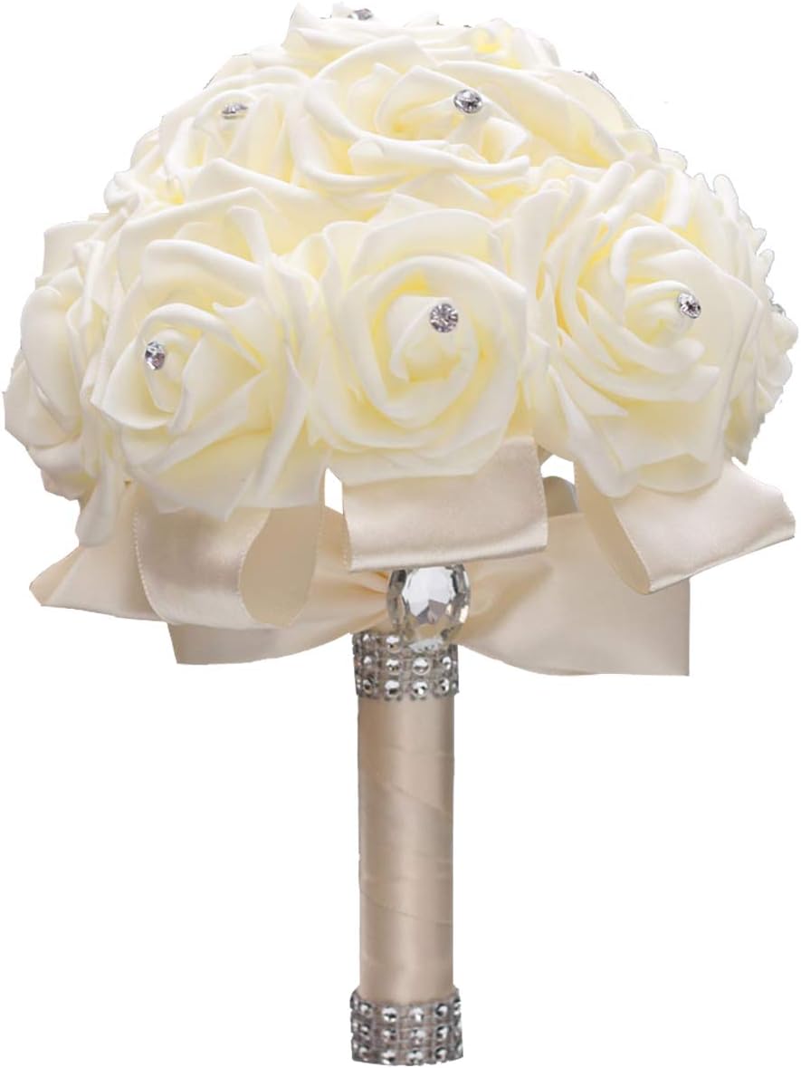 Ramo de Novia WIFELAI-A – Rosas Artificiales PE con Diamantes y Cintas Suaves, Color Marfil Crema, Para Boda, Damas de Honor e Iglesia (Diám. 21 cm x Alto 25 cm)