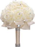 Ramo de Novia WIFELAI-A – Rosas Artificiales PE con Diamantes y Cintas Suaves, Color Marfil Crema, Para Boda, Damas de Honor e Iglesia (Diám. 21 cm x Alto 25 cm)
