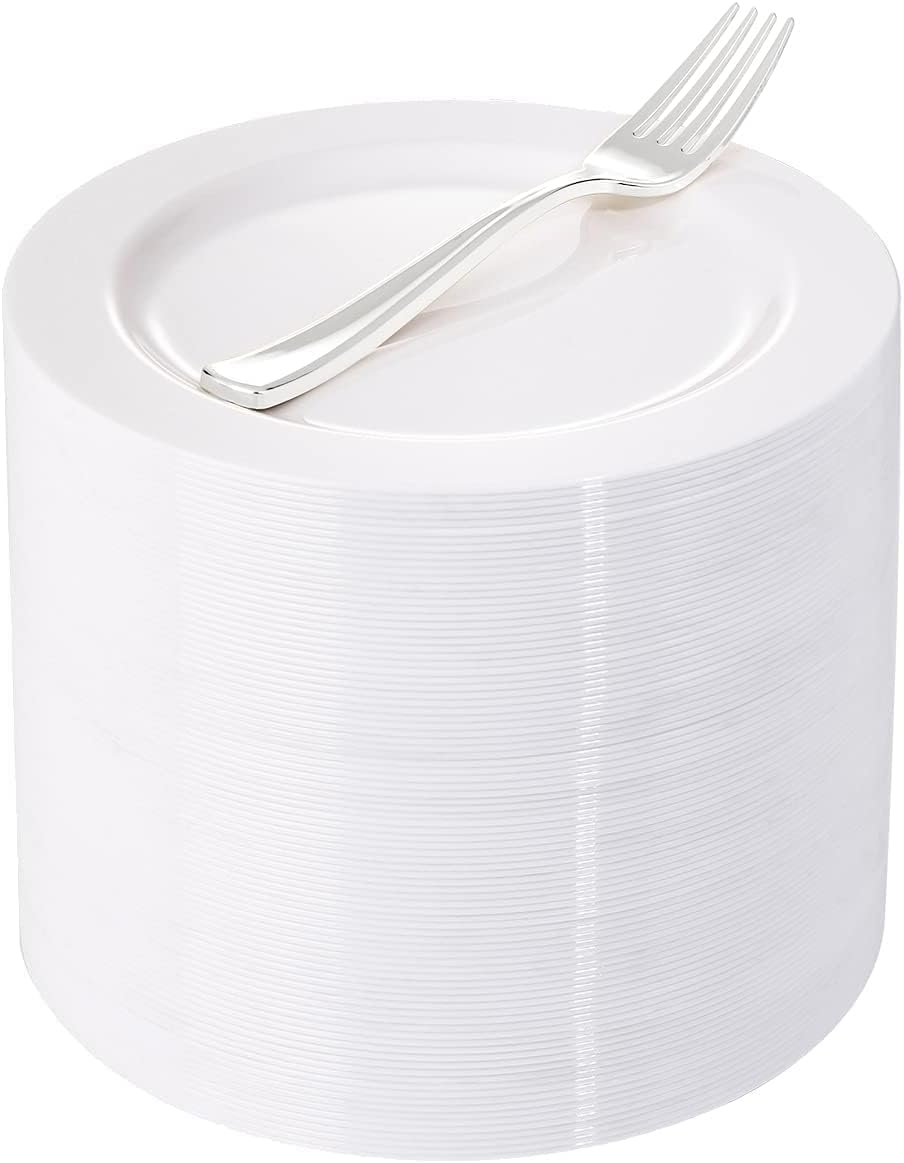WELLIFE 100 platos de postre de plástico blanco con 100 tenedores desechables plateados, plato de ensalada duro premium de 7.5 pulgadas, platos de plástico para aperitivos para bodas y fiestas. 