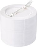 WELLIFE 100 platos de postre de plástico blanco con 100 tenedores desechables plateados, plato de ensalada duro premium de 7.5 pulgadas, platos de plástico para aperitivos para bodas y fiestas. 