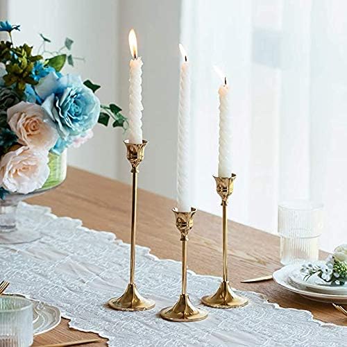 Juego de 3 candelabros dorados brillantes, portavelas cónicos de metal, vintage y moderno, centro de mesa decorativo para mesa, mantel de boda, regalo de inauguración de la casa