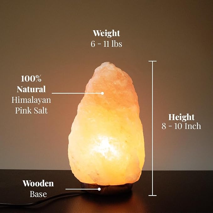 ⚠️ LA EXTENSIÓN DE LA LUZ NO SIRVE — Lámpara de Sal del Himalaya POHS — 8-10 Pulgadas, 100% Auténtica, Base de Madera, Interruptor Regulable y Bombillo de Repuesto