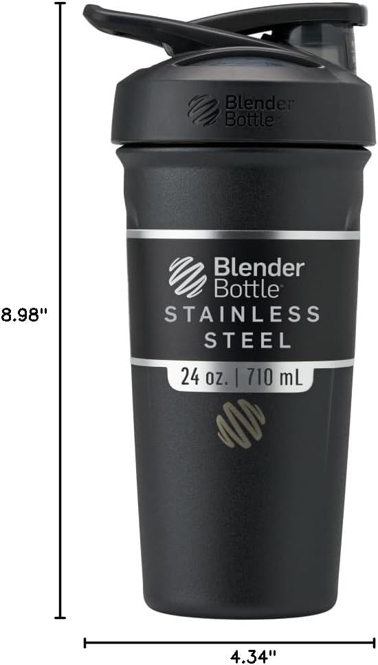 BlenderBottle Strada Shaker Cup - Botella de agua aislada de acero inoxidable con batidor de alambre, 24 onzas, color negro