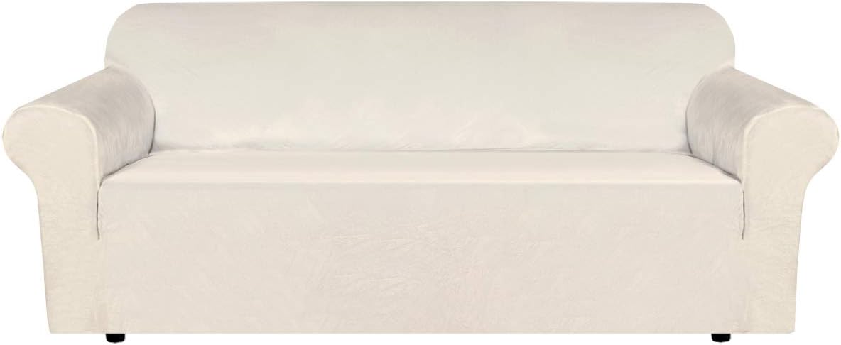 Fundas de sofá de terciopelo elástico H.VERSAILTEX de 3 plazas. Protector de muebles suave con base elástica antideslizante. Fabricadas en terciopelo grueso, cómodo y de alta calidad (para sofás de 183 a 228 cm, color marfil). 