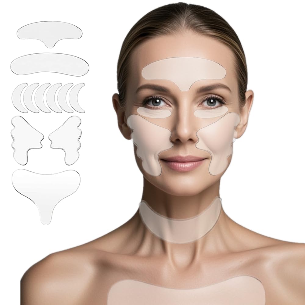 Parches antiarrugas para el cuello YISHIQI, almohadillas reutilizables para el pecho - 11 almohadillas antiarrugas, parches faciales de silicona para la prevención de líneas de expresión, removedor de arrugas durante la noche mientras duerme…