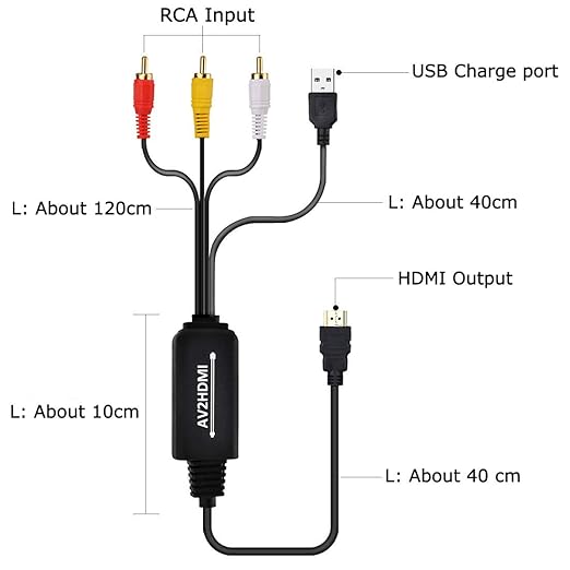 Convertidor Wonlyus de RCA a HDMI, adaptador AV a HDMI, cable RCA a HDMI para PC, portátil, Xbox, PS3, PS4, TV, STB, VHS, VCR, cámara, DVD, etc.