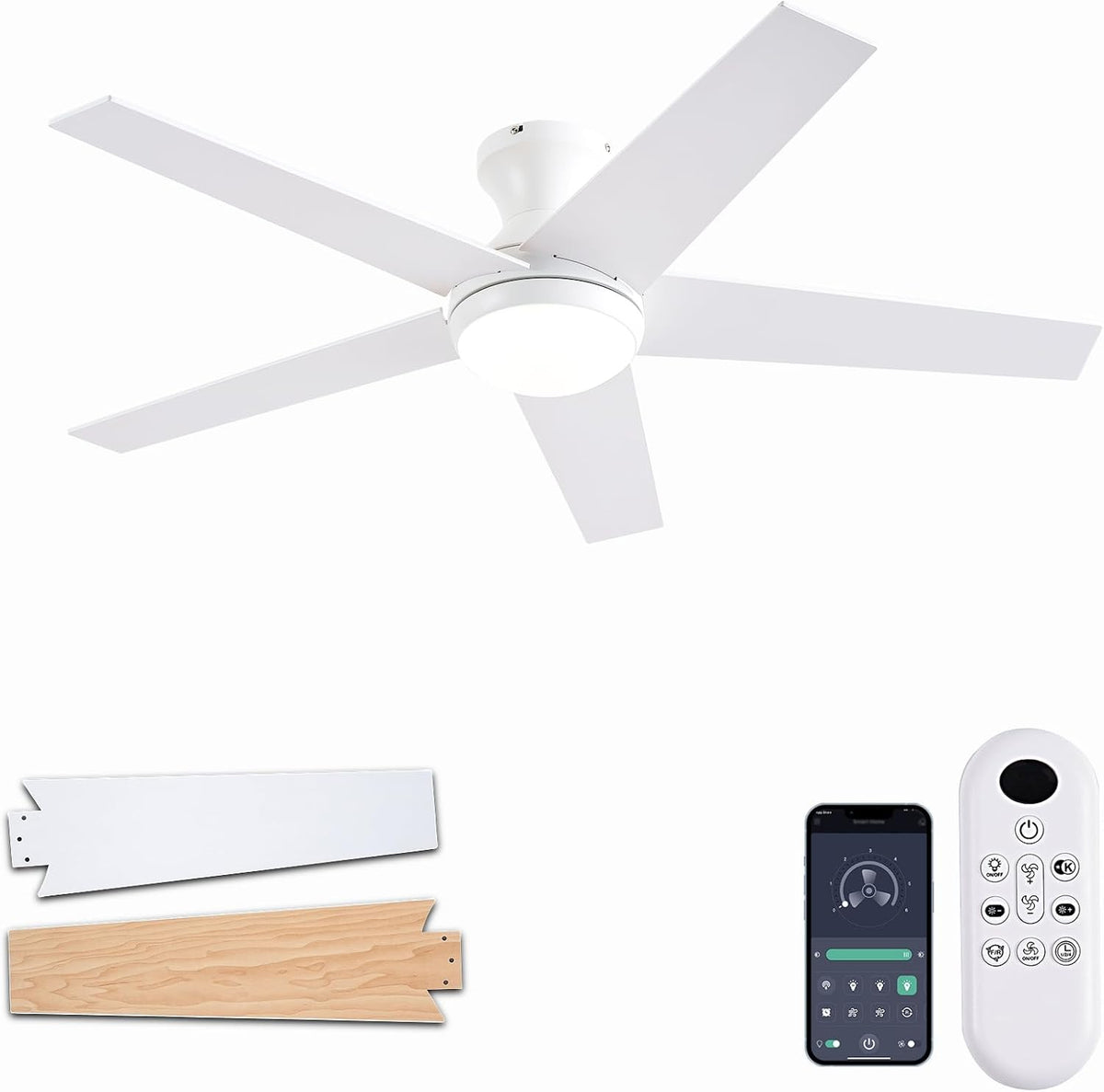 ADVERTENCIA: 1 brazo de aspa FALTANTE. Ventilador de Techo Ayaoty 52 Pulgadas con Luz y Control Remoto | Perfil Bajo, Regulable, Silencioso y Reversible | para Interior y Exterior | Blanco