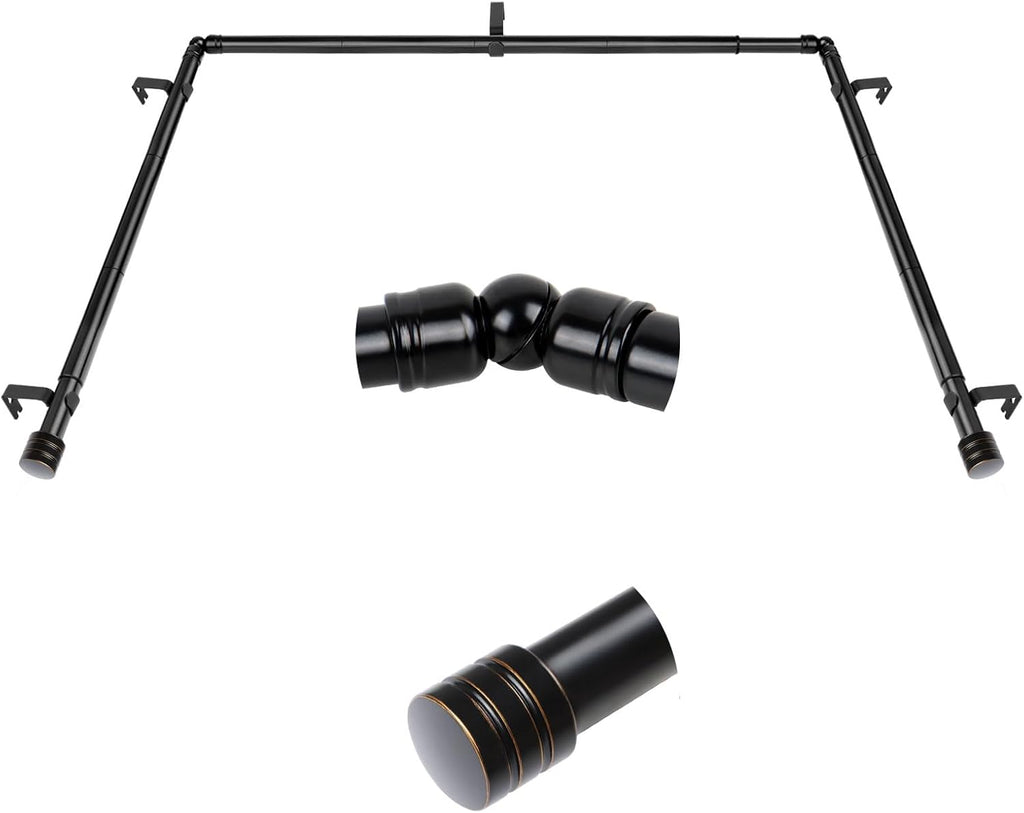 HOTOZON Bay Window Curtain Rods - 7/8" Heavy Duty Metal - Center Rod 48-84" + Side Rods 32-58" - 360° Corner Connectors - 22 lbs Capacity - End Cap Finials - Black
