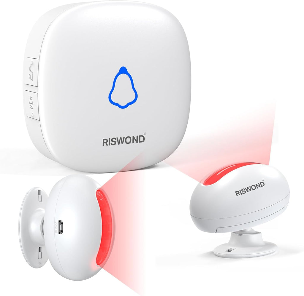 Timbre inalámbrico con sensor de movimiento: Alarma con detector de movimiento para interiores, timbre de entrada para negocios y tiendas (alcance de 305 metros, 32 melodías, 5 niveles de volumen), 2 sensores, 1 receptor.