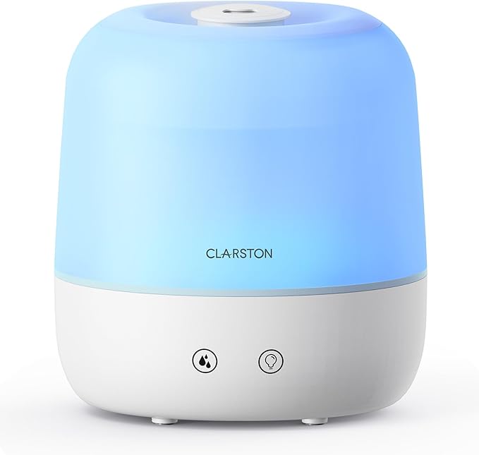 Clarston Humidificador de niebla fría de 2 L para dormitorio con boquilla ajustable de 360°, niveles de niebla altos y bajos, ultra silencioso, apagado de luz, sin BPA, apagado automático