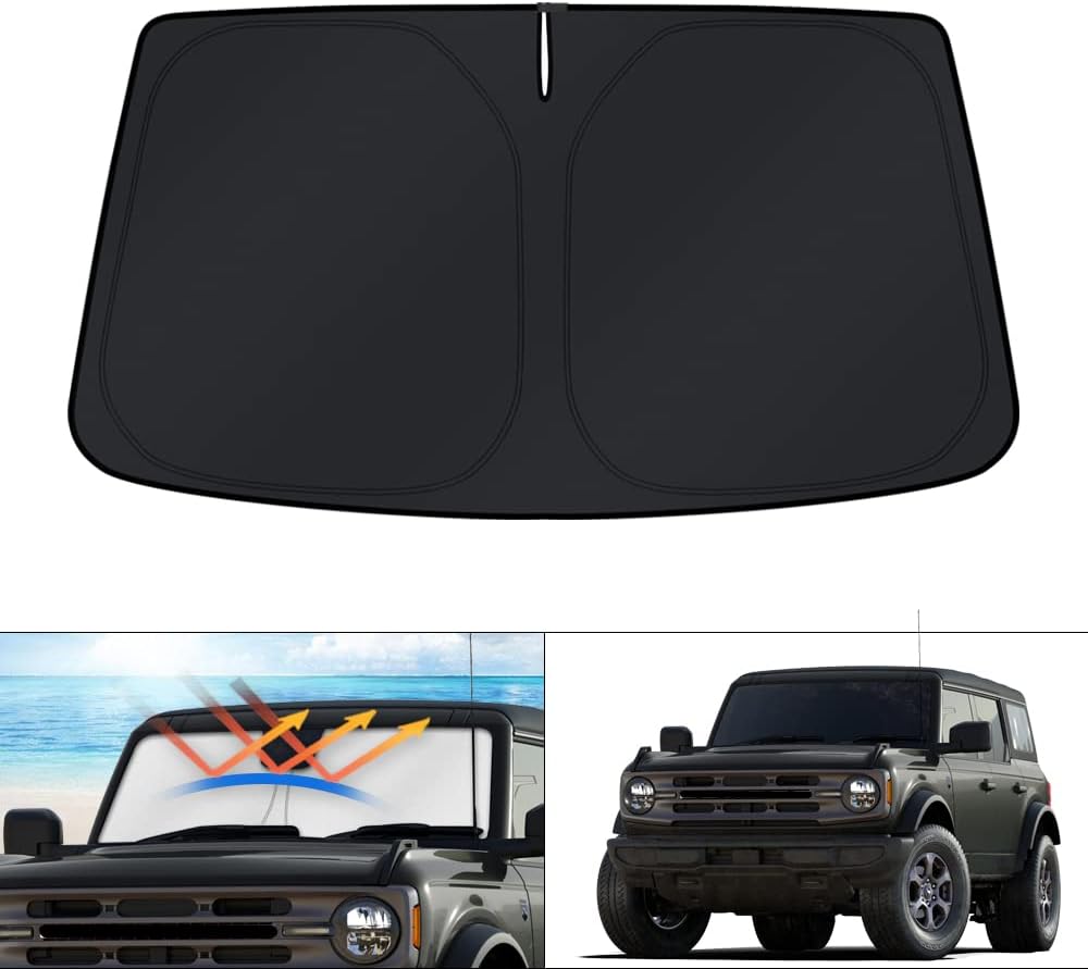Parasol KUST para parabrisas Ford Bronco 2021-2025 2026 (no compatible con Bronco Sport). Parasol plegable para ventana, protector solar que bloquea los rayos UV y mantiene el coche fresco.