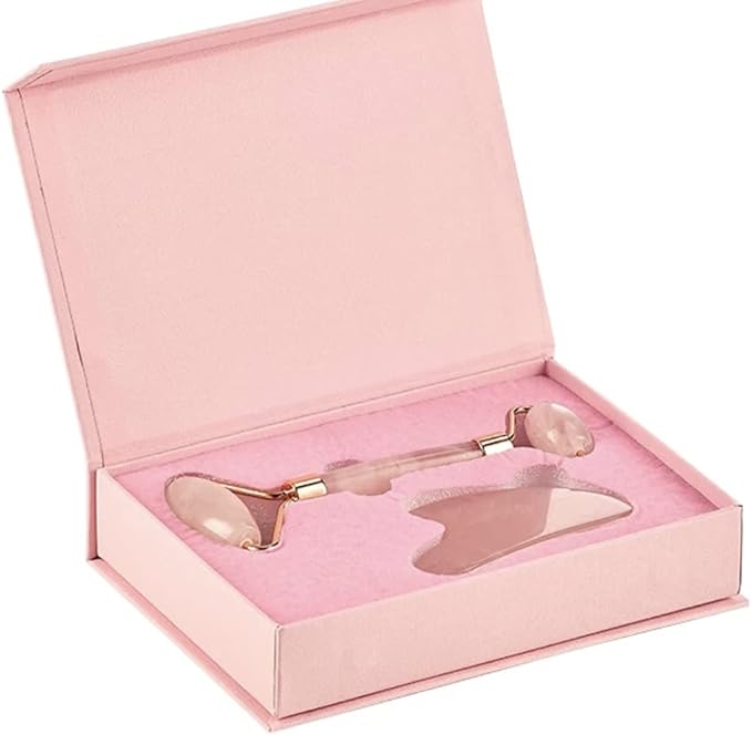 Rodillo Facial de Jade y Gua Sha de Cuarzo Rosa | Masajeador Antiojeras