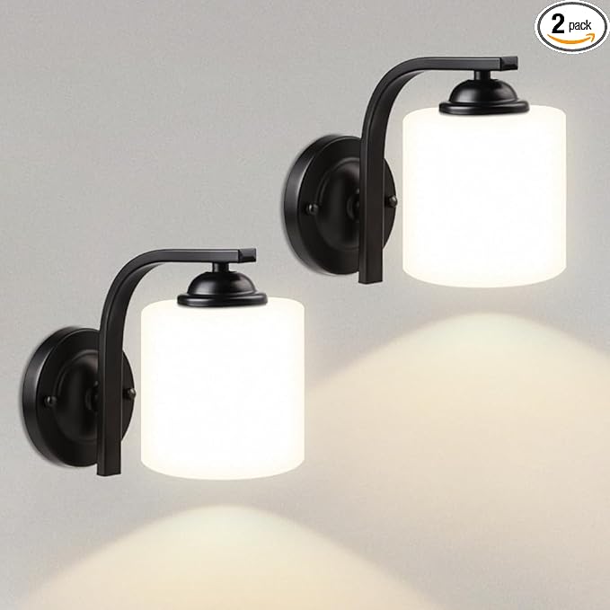 Aplique de Pared 2 Luces Moderno Negro Mate — Pantallas de Vidrio Blanco Lechoso, Socket E26, Para Baño, Dormitorio y Pasillo (Bombillas No Incluidas)