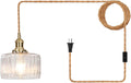 I-xun Vintage Plug in Pendant Light, Green Striped Glass Hanging Lamp with On/Off Switch, Perfect for Kitchen Island, Living Room, or Bedroom, Easy to Install (Transparent Striped)
