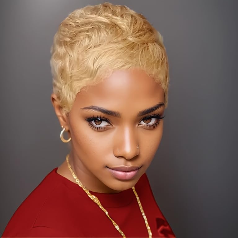 Peluca Pixie Cut de Cabello Humano Brasileño | Rubio Miel, 180% Densidad, Flequillo, Gorra Rose Net – Fiesta, Cosplay y Uso Diario
