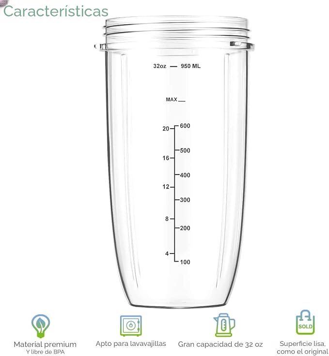 Set 7 Piezas NutriBullet — Vasos y Cuchilla Extractora de Repuesto, Vaso 32oz, Compatible con 600W y 900W