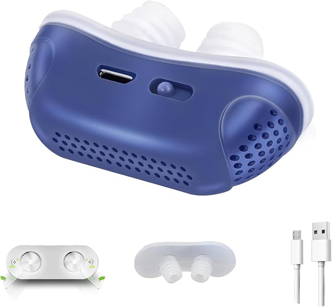 Dispositivos antirronquidos, dispositivo antirronquidos de doble vórtice, solución para los ronquidos, velocidad del viento ajustable, apto para todas las formas de nariz, deja de roncar, apto para hombres y mujeres, azul