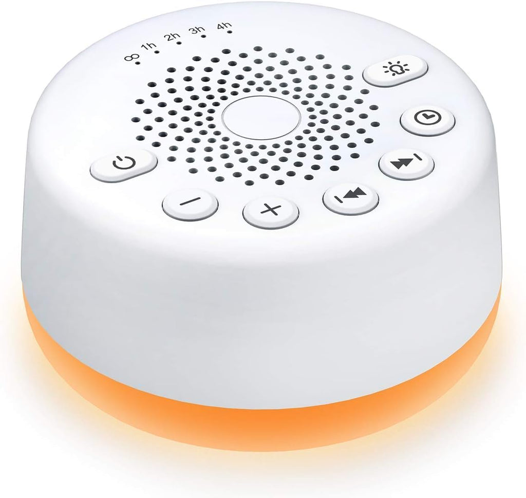 Máquina de sonido Easysleep, generador de ruido blanco con 25 sonidos relajantes y luces nocturnas con función de memoria, 32 niveles de volumen y temporizador de apagado automático de 5 posiciones. Funciona con corriente alterna o USB para una