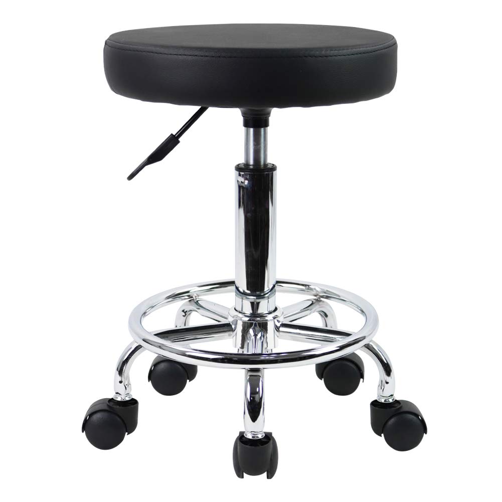 KKTONER Taburete Rodante Redondo de Cuero PU con Reposapies | Giratorio con Altura Ajustable | para Spa, Salon, Tatuajes, Oficina y Masaje, Pequeno (Negro)