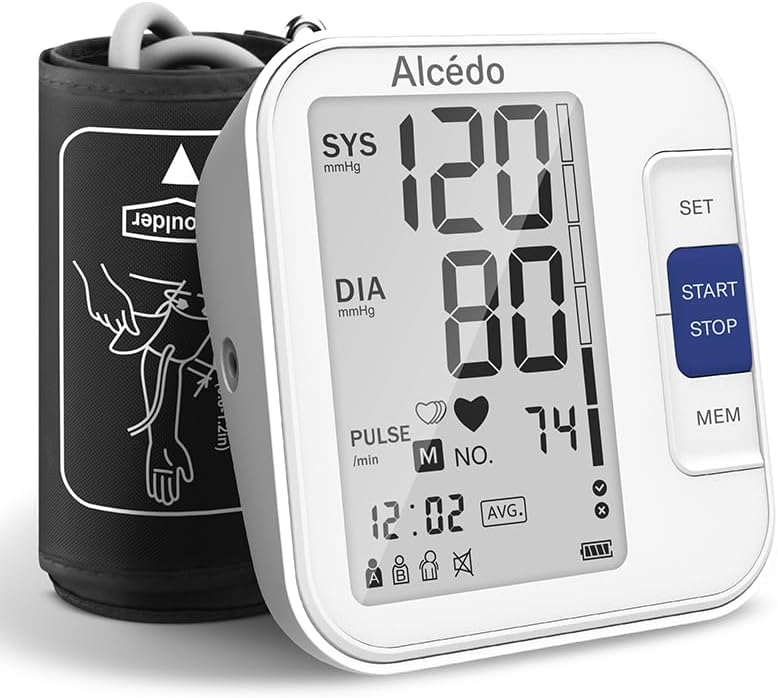 Monitor de presión arterial Alcedo para uso doméstico, tensiómetro digital automático con brazalete grande para el brazo, pantalla LCD, memoria de 2x120 registros, función de voz.