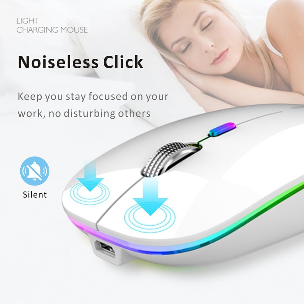 Uiosmuph Ratón inalámbrico LED, G12 Slim recargable silencioso ratón, 2.4G portátil USB óptico inalámbrico ratón de computadora con receptor USB y adaptador tipo C (blanco)