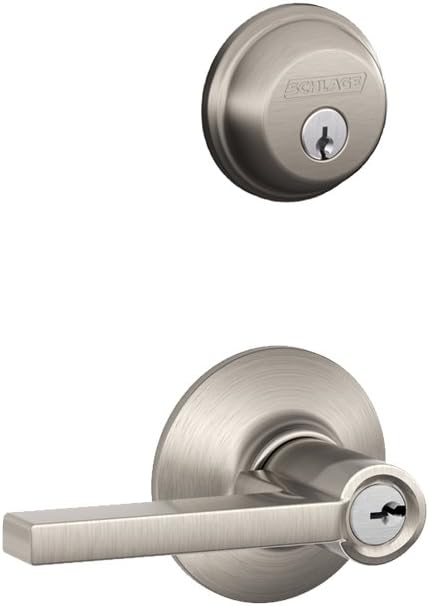 Cerradura de seguridad de cilindro simple Schlage FB50N V LAT 619 con manilla de entrada con llave Latitude, acabado níquel satinado.