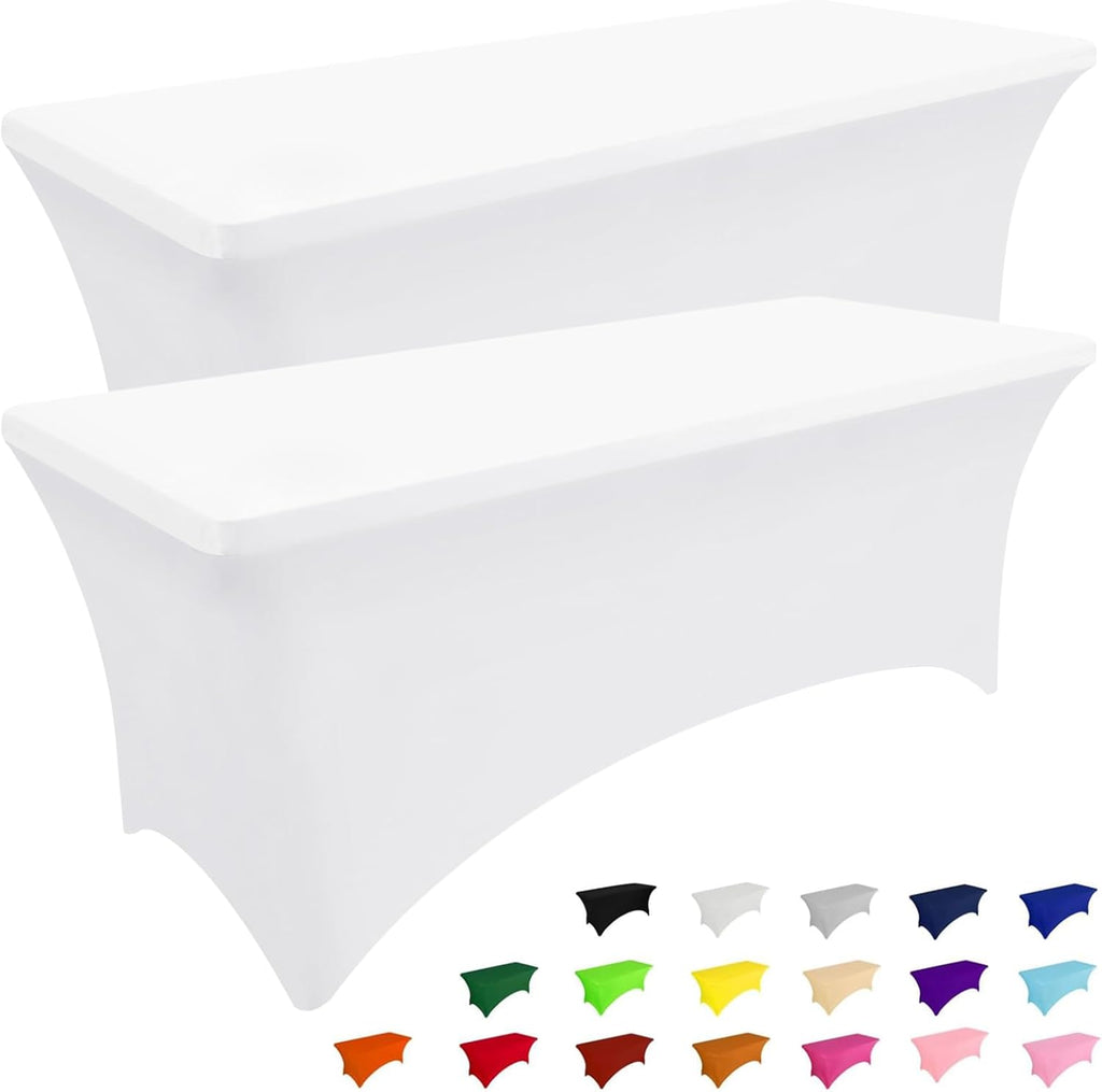 Smiry Paquete de 2 manteles de spandex de 1,83 m (6 pies), manteles elásticos ajustables, lavables y sin arrugas, funda rectangular para mesa de patio para exteriores, bodas, banquetes y fiestas (blanco, 182 cm de largo x 76 cm de ancho x 76 cm de alto).